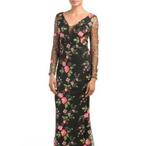 Black Embroidered Deep Plunge Lace Gown